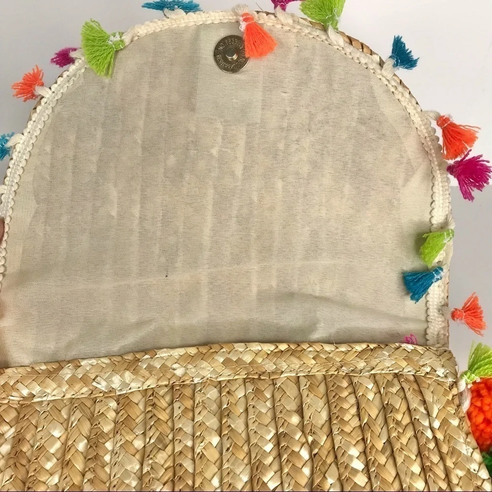 SHIRALEAH Woven Rainbow Tassel & Pompom Envelope Purse Bag YOLO Clutch Natural